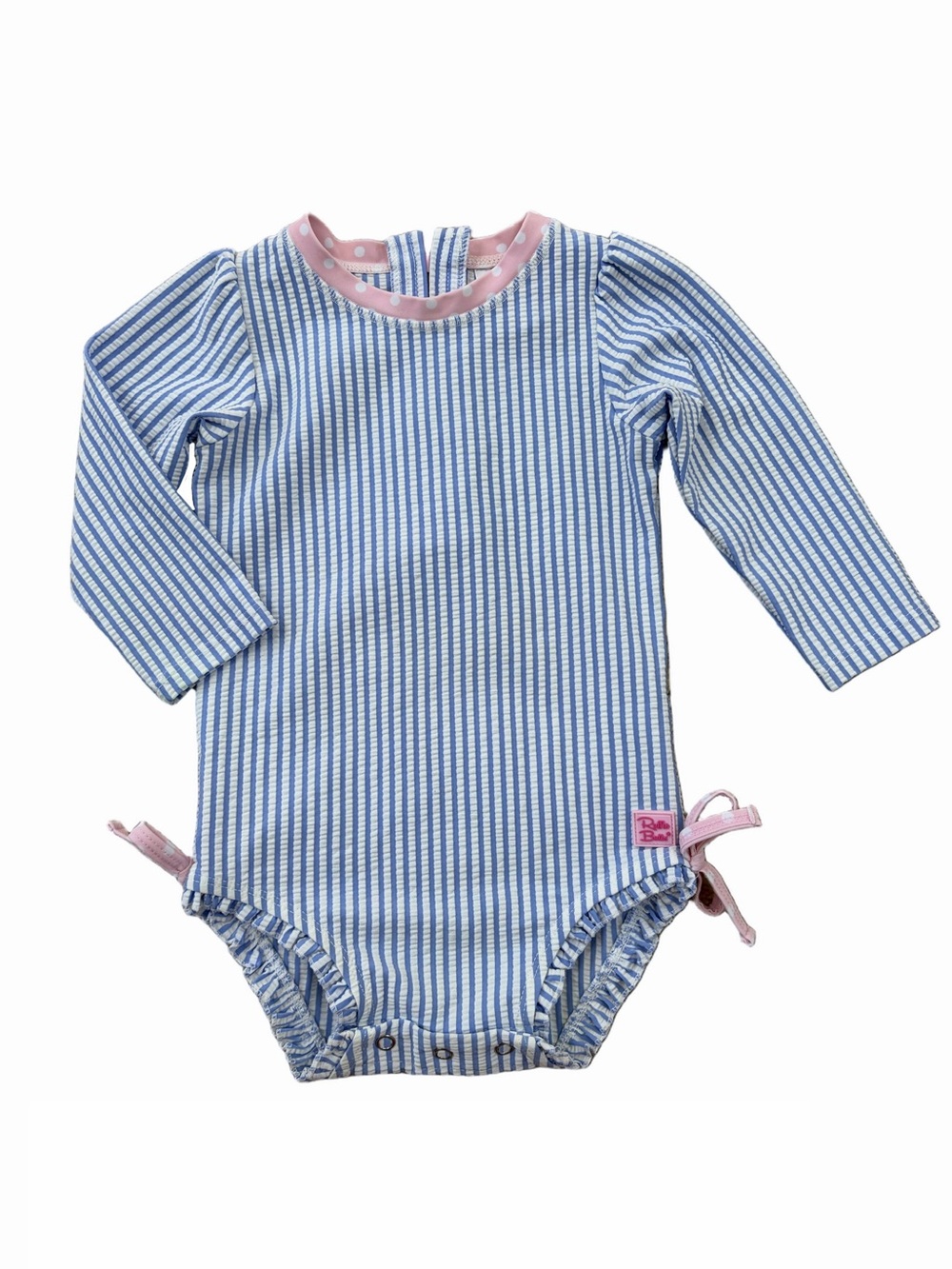 RuffleButts Size 12-18 Months Seersucker One-Piece Rashguard Ruffle Swimsuit